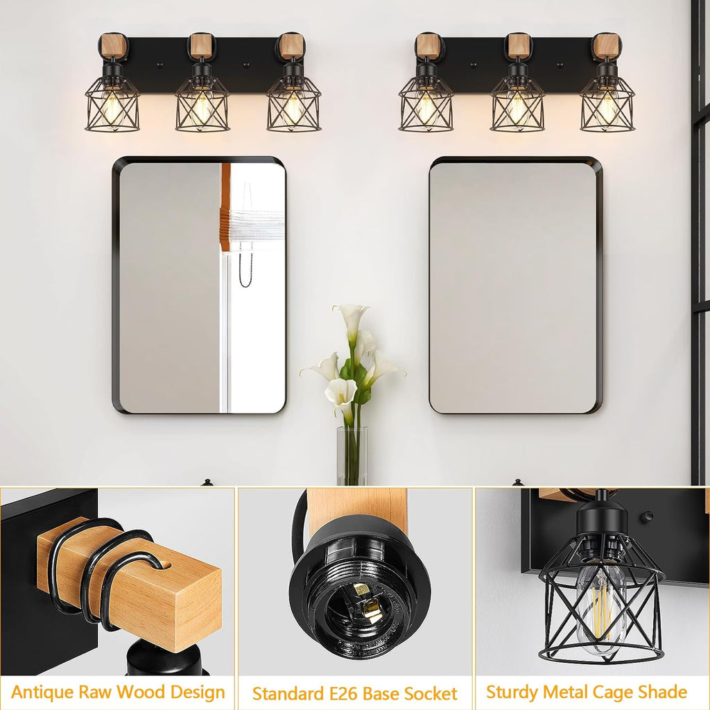 FadimiKoo 3-Light Farmhouse Vanity Light for Bathroom, Wood Bathroom Light Fixtures Over Mirror, Industrial Black Vanity Light with Metal Lampshade for Bedroom Hallway Living Room - Grand Goldman