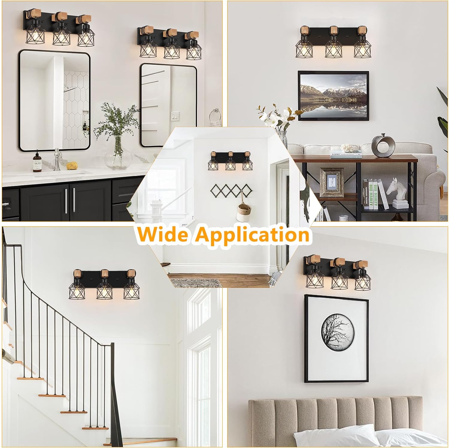 FadimiKoo 3-Light Farmhouse Vanity Light for Bathroom, Wood Bathroom Light Fixtures Over Mirror, Industrial Black Vanity Light with Metal Lampshade for Bedroom Hallway Living Room - Grand Goldman