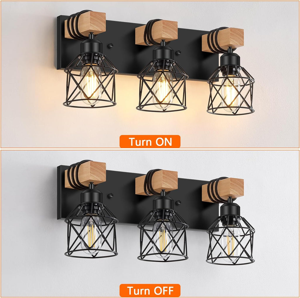 FadimiKoo 3-Light Farmhouse Vanity Light for Bathroom, Wood Bathroom Light Fixtures Over Mirror, Industrial Black Vanity Light with Metal Lampshade for Bedroom Hallway Living Room - Grand Goldman