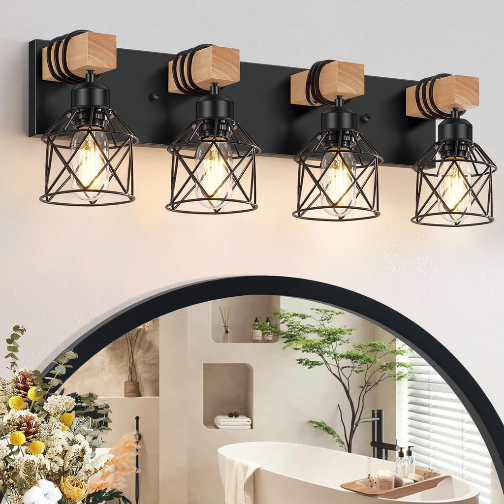 FadimiKoo 3-Light Farmhouse Vanity Light for Bathroom, Wood Bathroom Light Fixtures Over Mirror, Industrial Black Vanity Light with Metal Lampshade for Bedroom Hallway Living Room - Grand Goldman