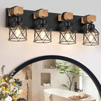 FadimiKoo 3-Light Farmhouse Vanity Light for Bathroom, Wood Bathroom Light Fixtures Over Mirror, Industrial Black Vanity Light with Metal Lampshade for Bedroom Hallway Living Room - Grand Goldman