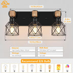 FadimiKoo 3-Light Farmhouse Vanity Light for Bathroom, Wood Bathroom Light Fixtures Over Mirror, Industrial Black Vanity Light with Metal Lampshade for Bedroom Hallway Living Room - Grand Goldman
