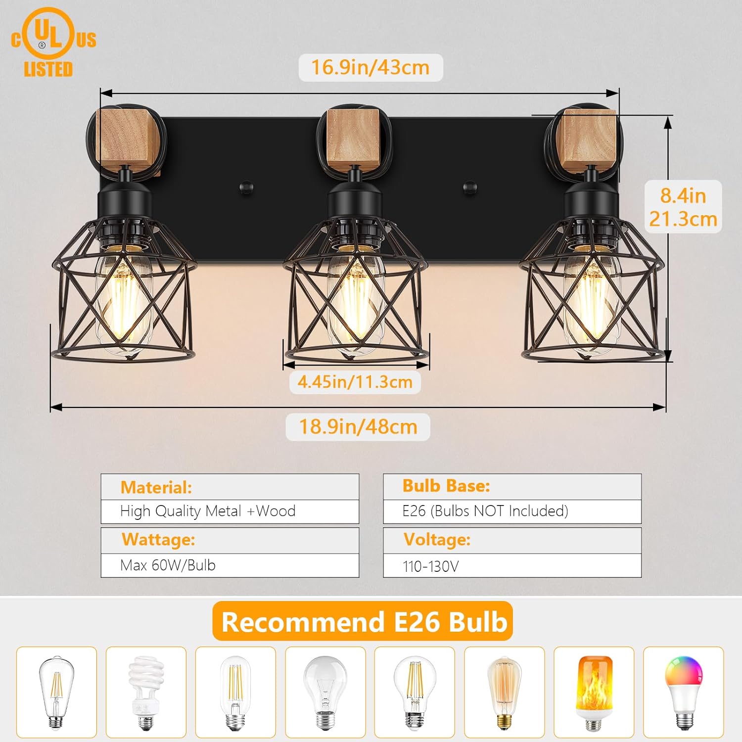 FadimiKoo 3-Light Farmhouse Vanity Light for Bathroom, Wood Bathroom Light Fixtures Over Mirror, Industrial Black Vanity Light with Metal Lampshade for Bedroom Hallway Living Room - Grand Goldman