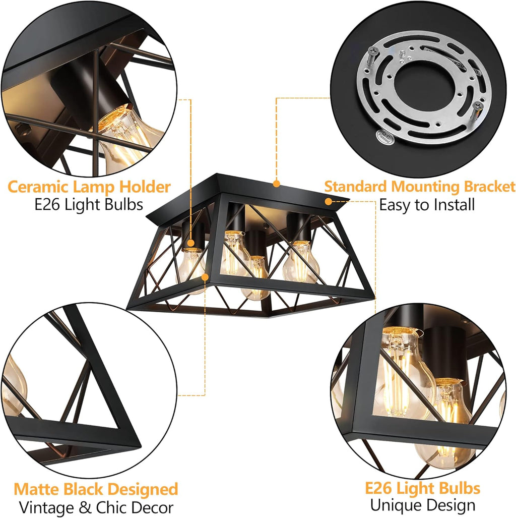 FadimiKoo 4-Light Black Flush Mount Ceiling Light for Kitchen Hallway, Industrial Close to Ceiling Lighting, Farmhouse Square Cage Ceiling Lamp for Dining Room, Living Room, Bulb Not Included - Grand Goldman