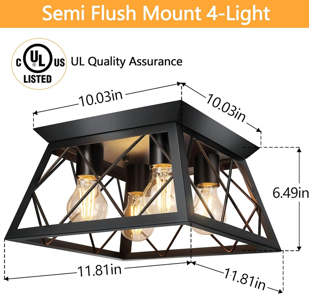 FadimiKoo 4-Light Black Flush Mount Ceiling Light for Kitchen Hallway, Industrial Close to Ceiling Lighting, Farmhouse Square Cage Ceiling Lamp for Dining Room, Living Room, Bulb Not Included - Grand Goldman