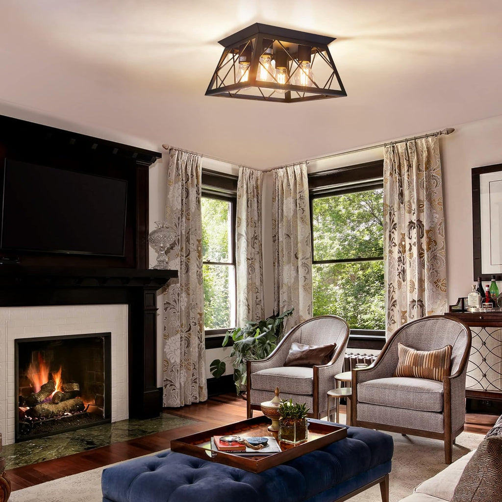 FadimiKoo 4-Light Black Flush Mount Ceiling Light for Kitchen Hallway, Industrial Close to Ceiling Lighting, Farmhouse Square Cage Ceiling Lamp for Dining Room, Living Room, Bulb Not Included - Grand Goldman