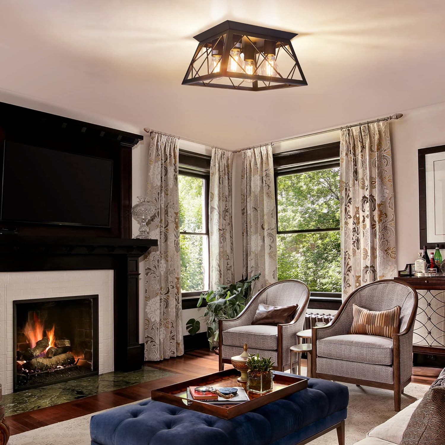 FadimiKoo 4-Light Black Flush Mount Ceiling Light for Kitchen Hallway, Industrial Close to Ceiling Lighting, Farmhouse Square Cage Ceiling Lamp for Dining Room, Living Room, Bulb Not Included - Grand Goldman