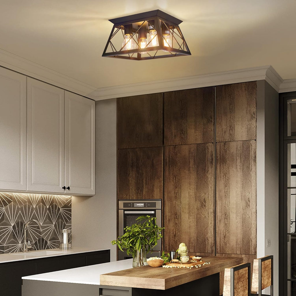 FadimiKoo 4-Light Black Flush Mount Ceiling Light for Kitchen Hallway, Industrial Close to Ceiling Lighting, Farmhouse Square Cage Ceiling Lamp for Dining Room, Living Room, Bulb Not Included - Grand Goldman