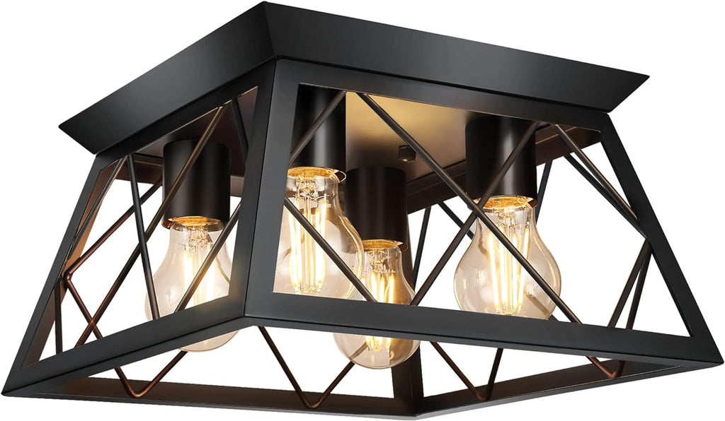 FadimiKoo 4-Light Black Flush Mount Ceiling Light for Kitchen Hallway, Industrial Close to Ceiling Lighting, Farmhouse Square Cage Ceiling Lamp for Dining Room, Living Room, Bulb Not Included - Grand Goldman
