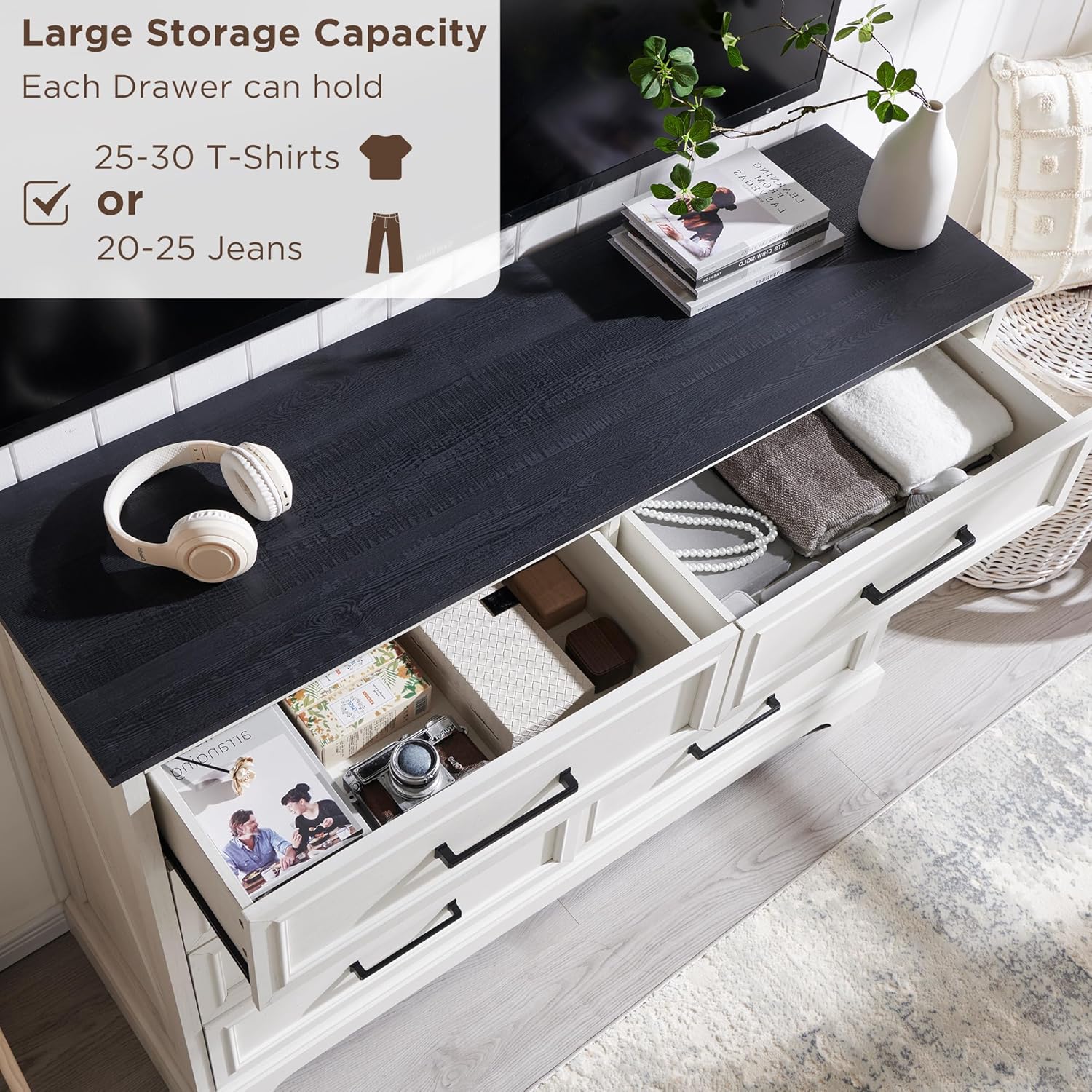 Farmhouse 8 Drawers Dresser Chests for Bedroom,52" Wide Wood Rustic Chest of Drawers with Metal Handle,Natural Texture,Drawer Organizer for Bedroom,Living Room,Hallway and Entryway,White - Grand Goldman