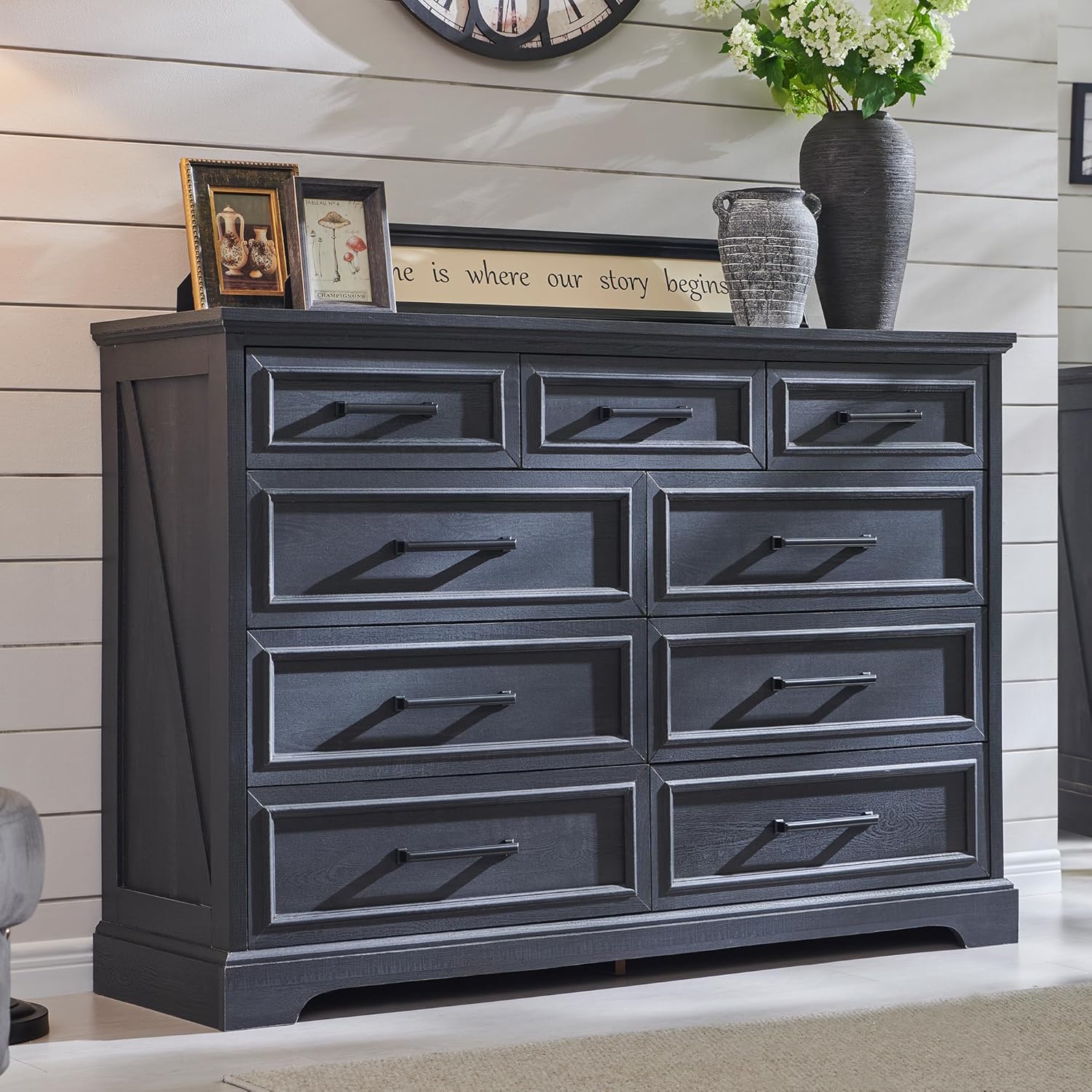 Farmhouse 9 Drawer Dresser for Bedroom, 36 Inch Tall Modern Dresser TV Stand with Large Drawers & Bar Handles, Rustic Wood Chest of Drawers for Bedroom, Living Room, Hallway, Off White - Grand Goldman