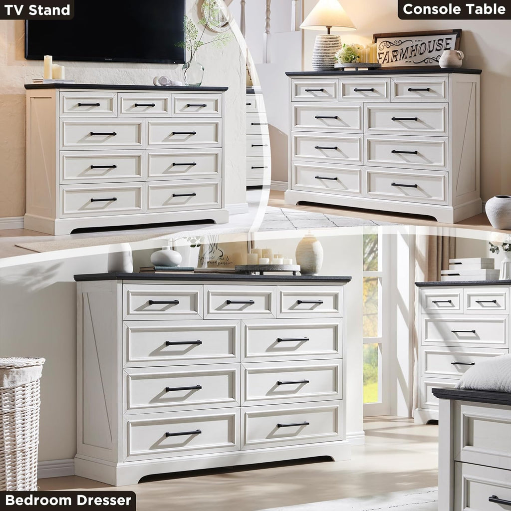 Farmhouse 9 Drawer Dresser for Bedroom, 36 Inch Tall Modern Dresser TV Stand with Large Drawers & Bar Handles, Rustic Wood Chest of Drawers for Bedroom, Living Room, Hallway, Off White - Grand Goldman