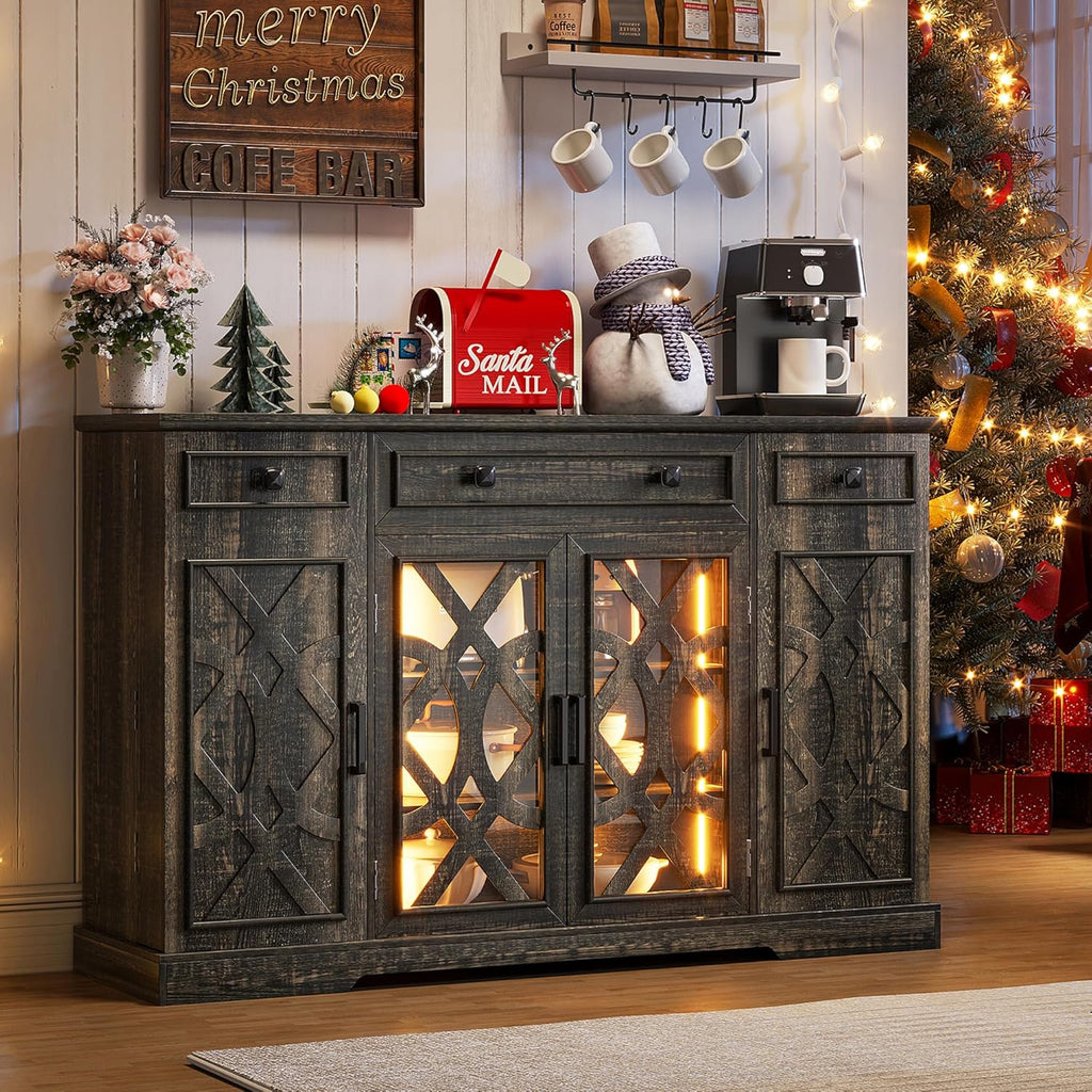 Farmhouse Buffet Cabinet with Storage, 55" Large Sideboard Storage Cabinet with Doors and Shelves, Coffee Bar Food Pantry Cabinets w/Light, Wood Buffet Console Table for Kitchen, Dining Room, White - Grand Goldman