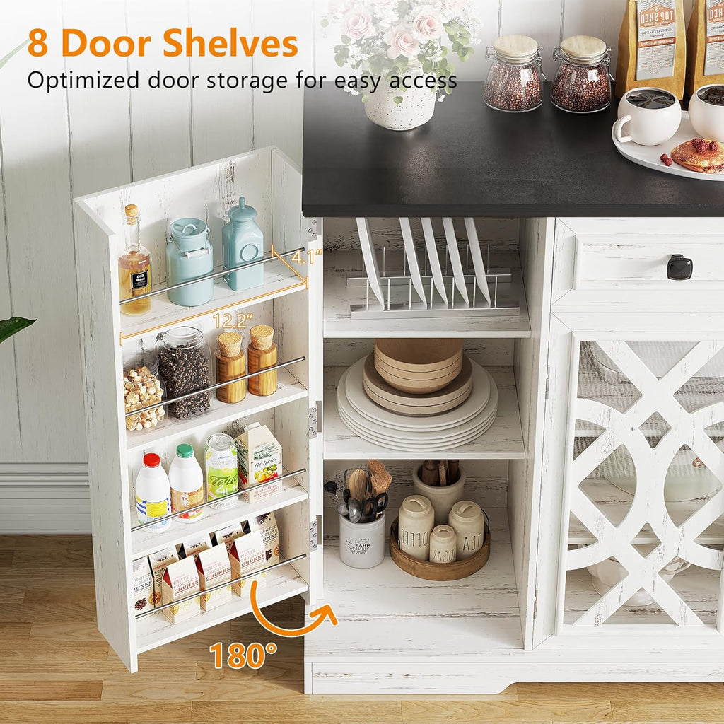 Farmhouse Buffet Cabinet with Storage, 55" Large Sideboard Storage Cabinet with Doors and Shelves, Coffee Bar Food Pantry Cabinets w/Light, Wood Buffet Console Table for Kitchen, Dining Room, White - Grand Goldman