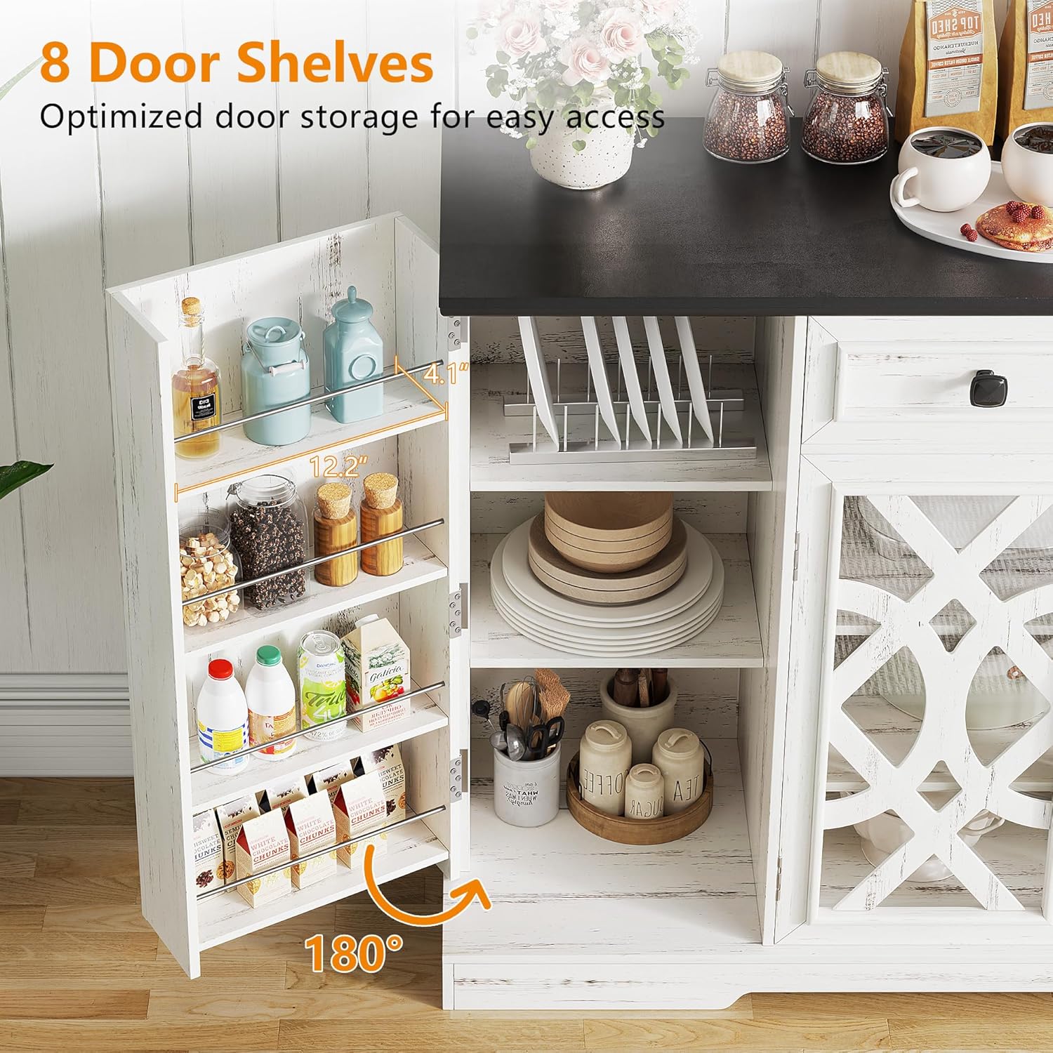 Farmhouse Buffet Cabinet with Storage, 55" Large Sideboard Storage Cabinet with Doors and Shelves, Coffee Bar Food Pantry Cabinets w/Light, Wood Buffet Console Table for Kitchen, Dining Room, White - Grand Goldman