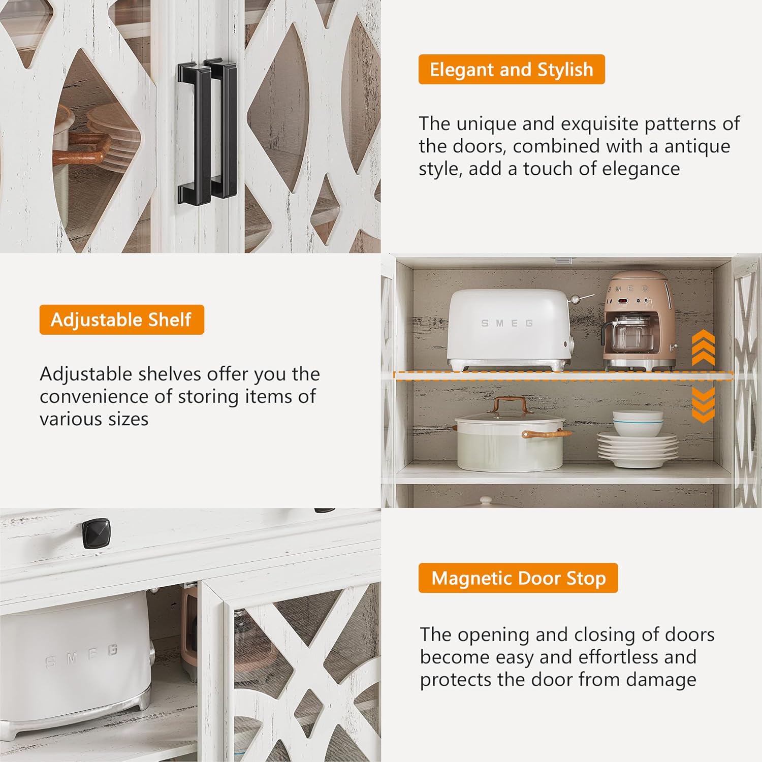 Farmhouse Buffet Cabinet with Storage, 55" Large Sideboard Storage Cabinet with Doors and Shelves, Coffee Bar Food Pantry Cabinets w/Light, Wood Buffet Console Table for Kitchen, Dining Room, White - Grand Goldman