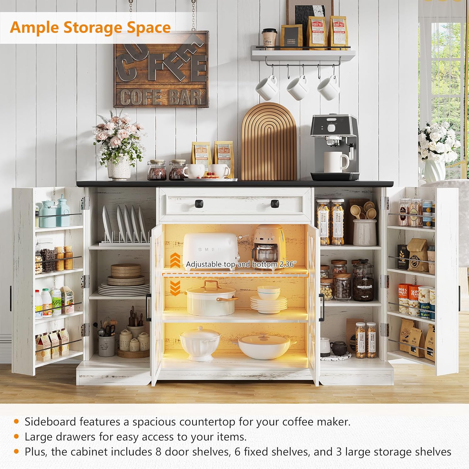 Farmhouse Buffet Cabinet with Storage, 55" Large Sideboard Storage Cabinet with Doors and Shelves, Coffee Bar Food Pantry Cabinets w/Light, Wood Buffet Console Table for Kitchen, Dining Room, White - Grand Goldman