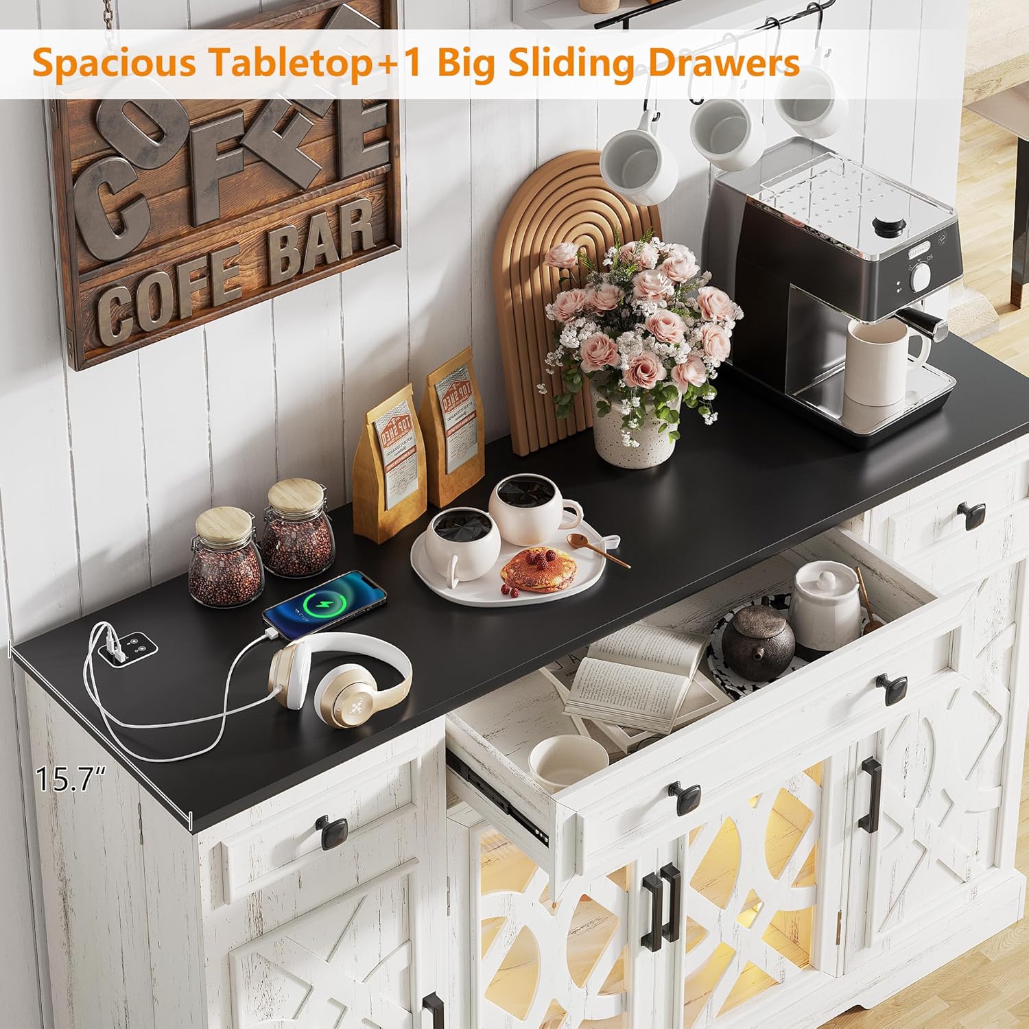 Farmhouse Buffet Cabinet with Storage, 55" Large Sideboard Storage Cabinet with Doors and Shelves, Coffee Bar Food Pantry Cabinets w/Light, Wood Buffet Console Table for Kitchen, Dining Room, White - Grand Goldman