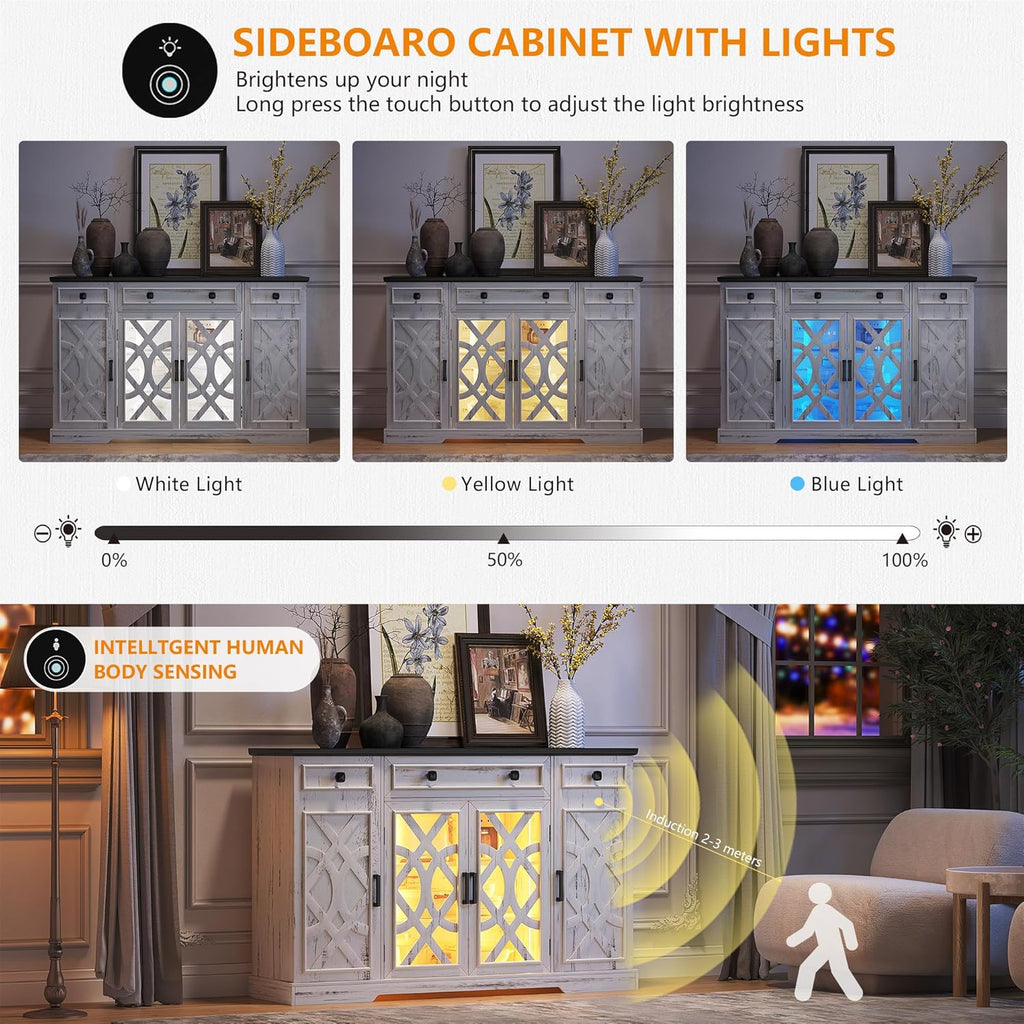 Farmhouse Buffet Cabinet with Storage, 55" Large Sideboard Storage Cabinet with Doors and Shelves, Coffee Bar Food Pantry Cabinets w/Light, Wood Buffet Console Table for Kitchen, Dining Room, White - Grand Goldman