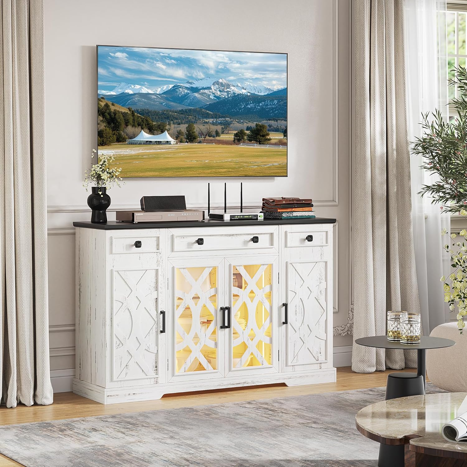 Farmhouse Buffet Cabinet with Storage, 55" Large Sideboard Storage Cabinet with Doors and Shelves, Coffee Bar Food Pantry Cabinets w/Light, Wood Buffet Console Table for Kitchen, Dining Room, White - Grand Goldman