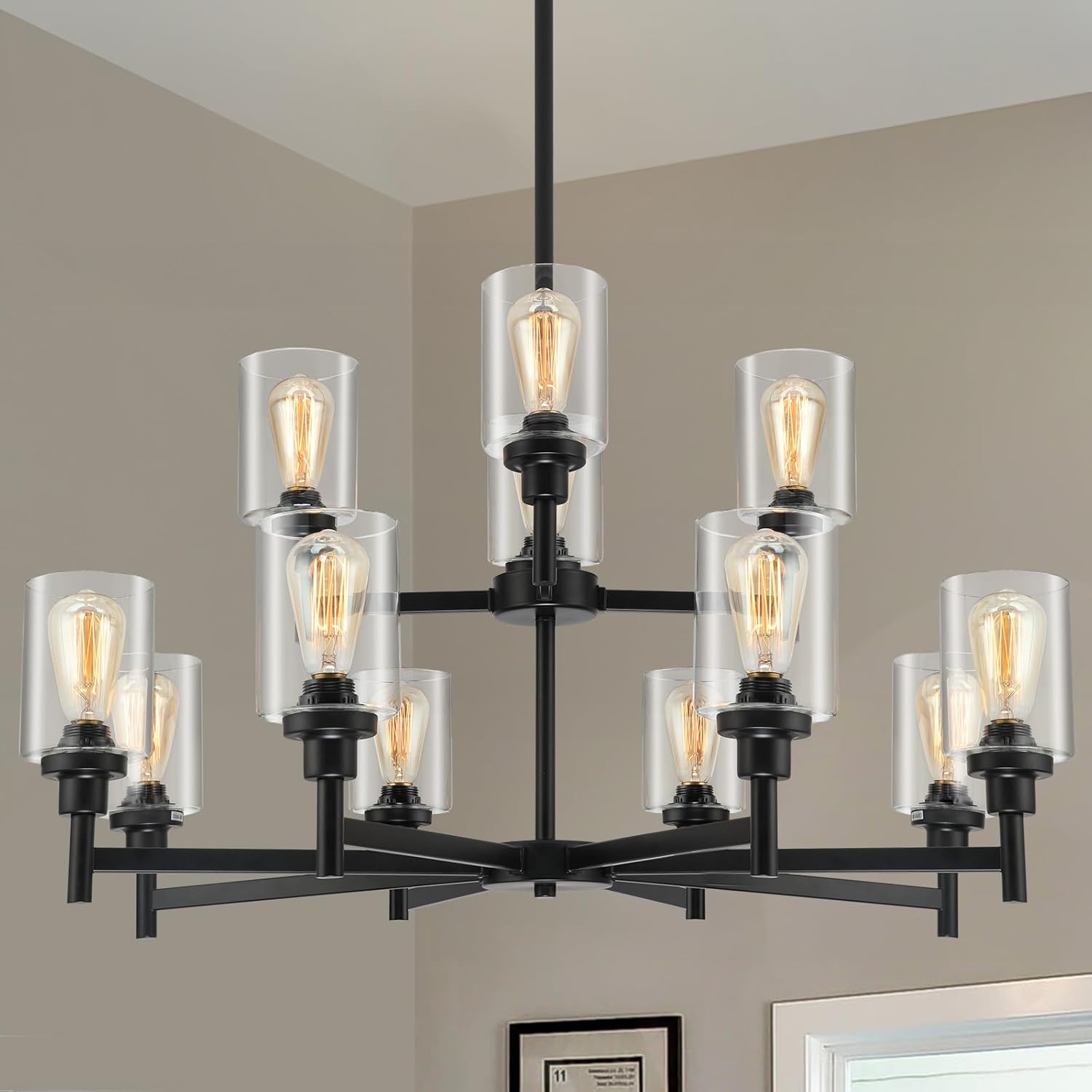 Farmhouse Chandelier with Cylinder Clear Glass 6 Light Vintage Black Bedroom Kitchen Island Pendant Ceiling Lighting Industrial Metal Hanging Fixture for Dining Room Living Room - Grand Goldman