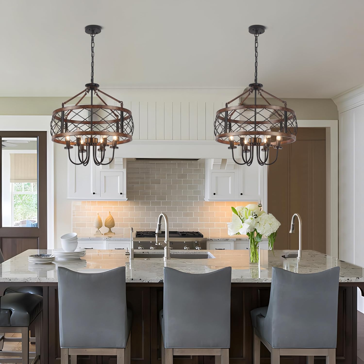 Farmhouse Chandeliers Dining Room Light Fixtures Rustic Industrial 6-Light Black Farmhouse Pendant Light for Kitchen Island Foyer Entryway Living Room - Grand Goldman