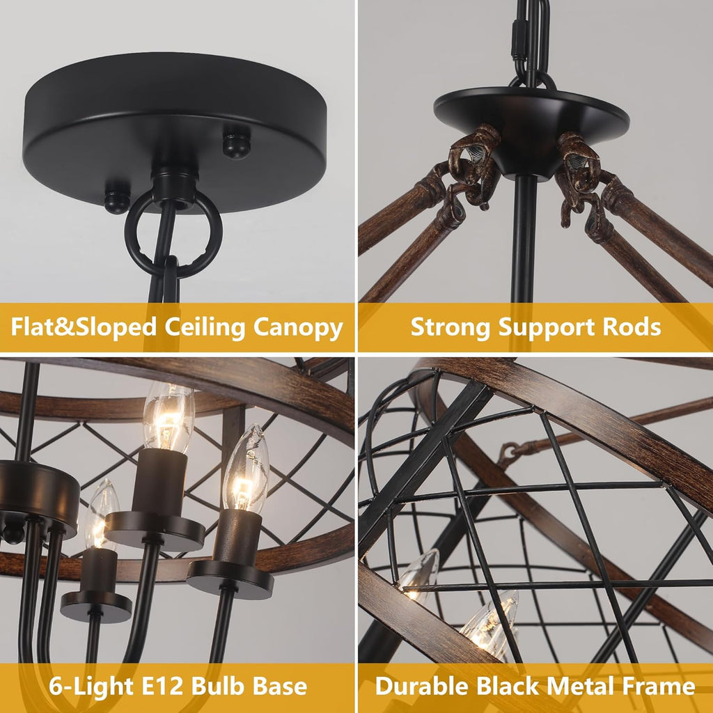 Farmhouse Chandeliers Dining Room Light Fixtures Rustic Industrial 6-Light Black Farmhouse Pendant Light for Kitchen Island Foyer Entryway Living Room - Grand Goldman