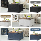 Farmhouse Coffee Table with Large Hidden Storage Compartment, Navy Blue Square Center Table, Wood Rustic Low Modern Living Room Tables with Hinged Lift Brown Top & Wooden Arc Base - Grand Goldman