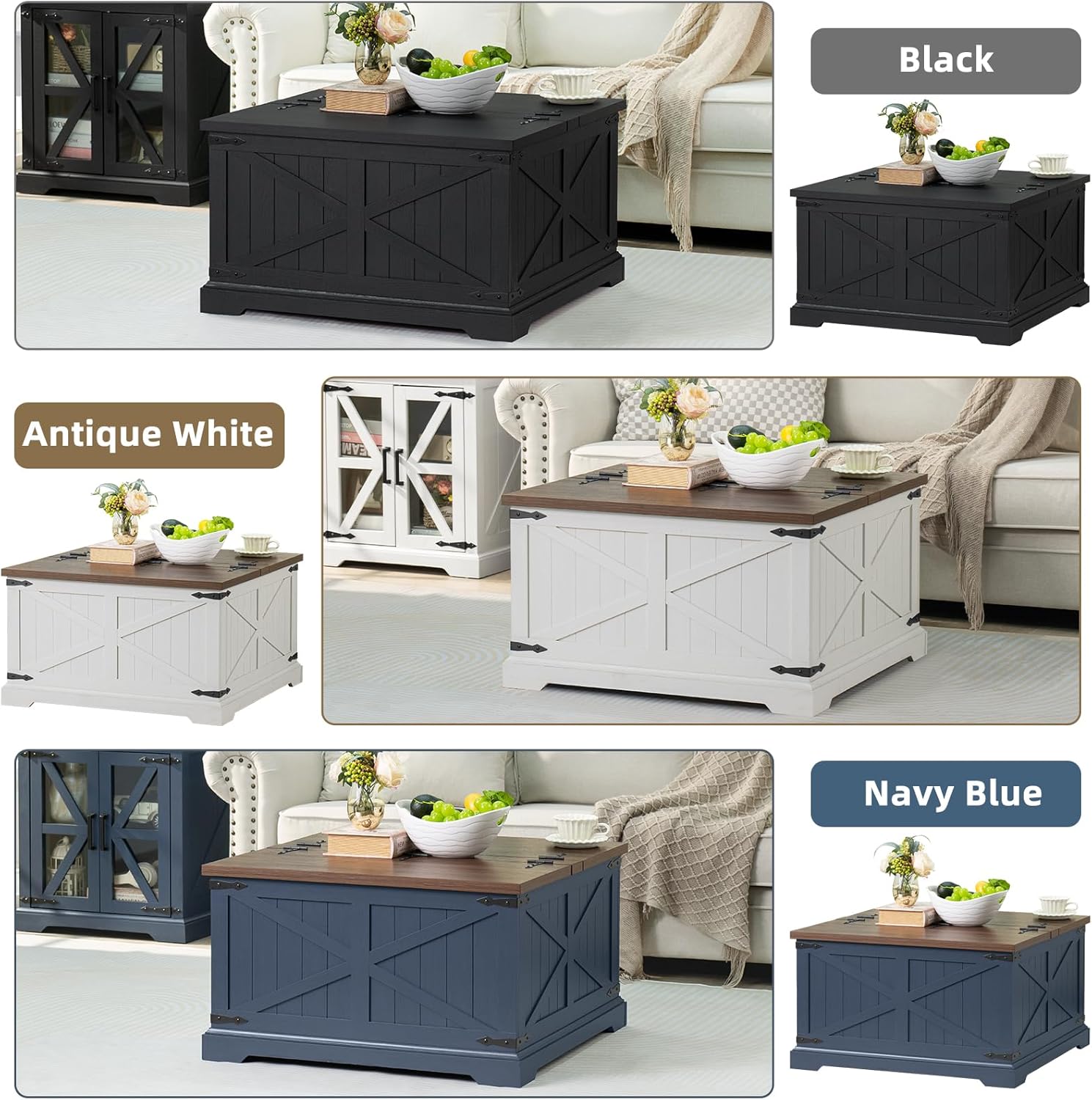 Farmhouse Coffee Table with Large Hidden Storage Compartment, Navy Blue Square Center Table, Wood Rustic Low Modern Living Room Tables with Hinged Lift Brown Top & Wooden Arc Base - Grand Goldman