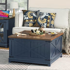 Farmhouse Coffee Table with Large Hidden Storage Compartment, Navy Blue Square Center Table, Wood Rustic Low Modern Living Room Tables with Hinged Lift Brown Top & Wooden Arc Base - Grand Goldman
