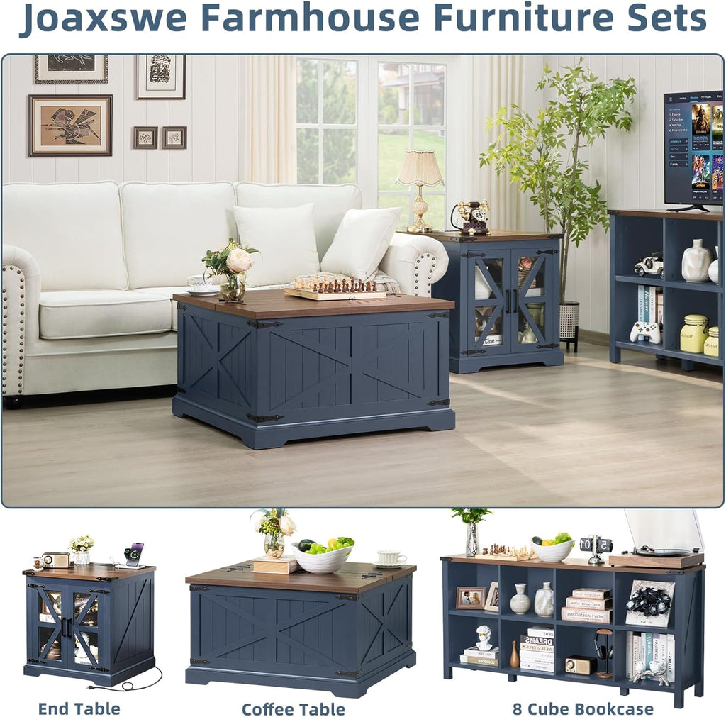 Farmhouse Coffee Table with Large Hidden Storage Compartment, Navy Blue Square Center Table, Wood Rustic Low Modern Living Room Tables with Hinged Lift Brown Top & Wooden Arc Base - Grand Goldman