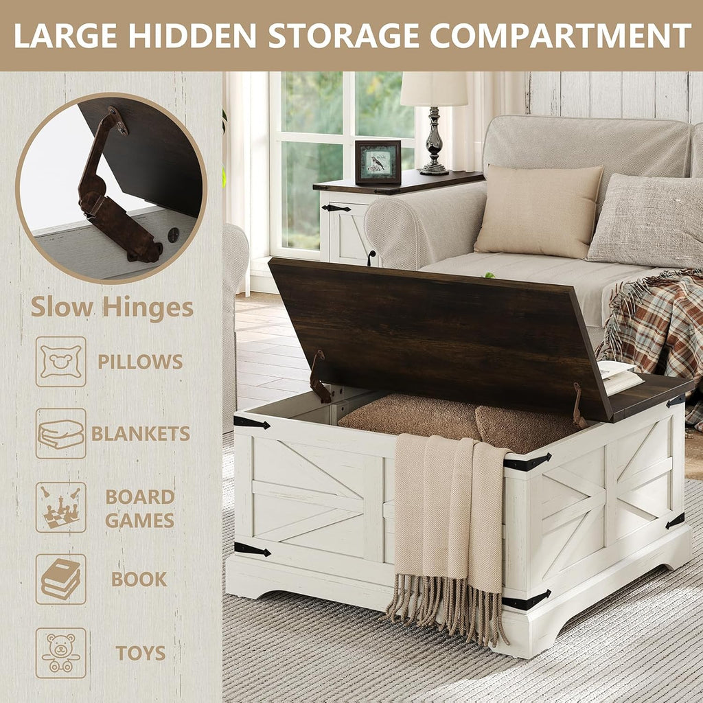 Farmhouse Lift Top Coffee Table, Square Wood Center Table with Large Hidden Storage Compartment for Living Room, Rustic Cocktail White Modern Table with Hinged Lift Top, Brown Top - Grand Goldman