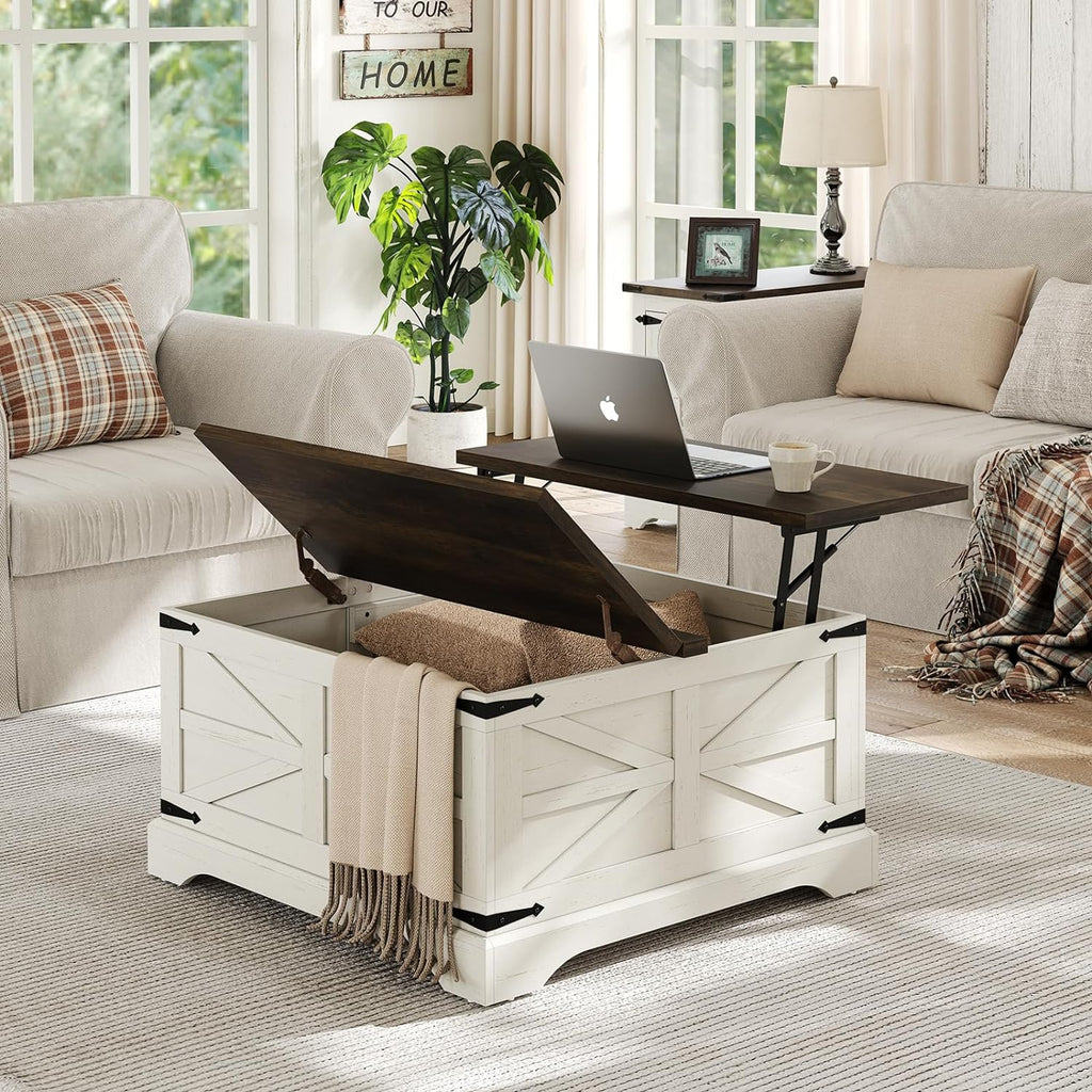 Farmhouse Lift Top Coffee Table, Square Wood Center Table with Large Hidden Storage Compartment for Living Room, Rustic Cocktail White Modern Table with Hinged Lift Top, Brown Top - Grand Goldman