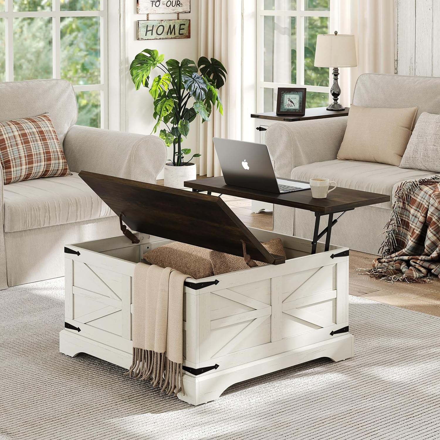 Farmhouse Lift Top Coffee Table, Square Wood Center Table with Large Hidden Storage Compartment for Living Room, Rustic Cocktail White Modern Table with Hinged Lift Top, Brown Top - Grand Goldman