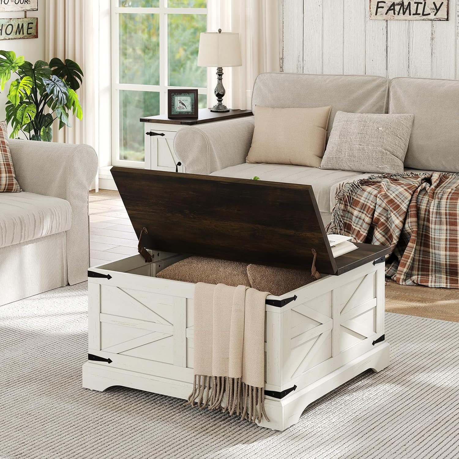 Farmhouse Lift Top Coffee Table, Square Wood Center Table with Large Hidden Storage Compartment for Living Room, Rustic Cocktail White Modern Table with Hinged Lift Top, Brown Top - Grand Goldman