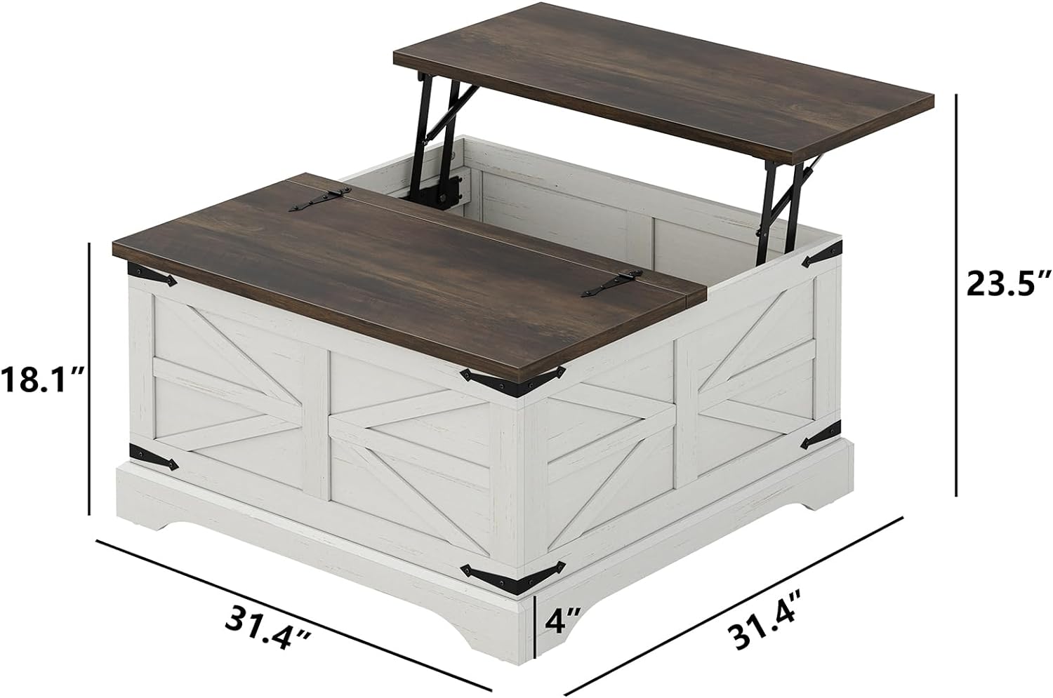 Farmhouse Lift Top Coffee Table, Square Wood Center Table with Large Hidden Storage Compartment for Living Room, Rustic Cocktail White Modern Table with Hinged Lift Top, Brown Top - Grand Goldman