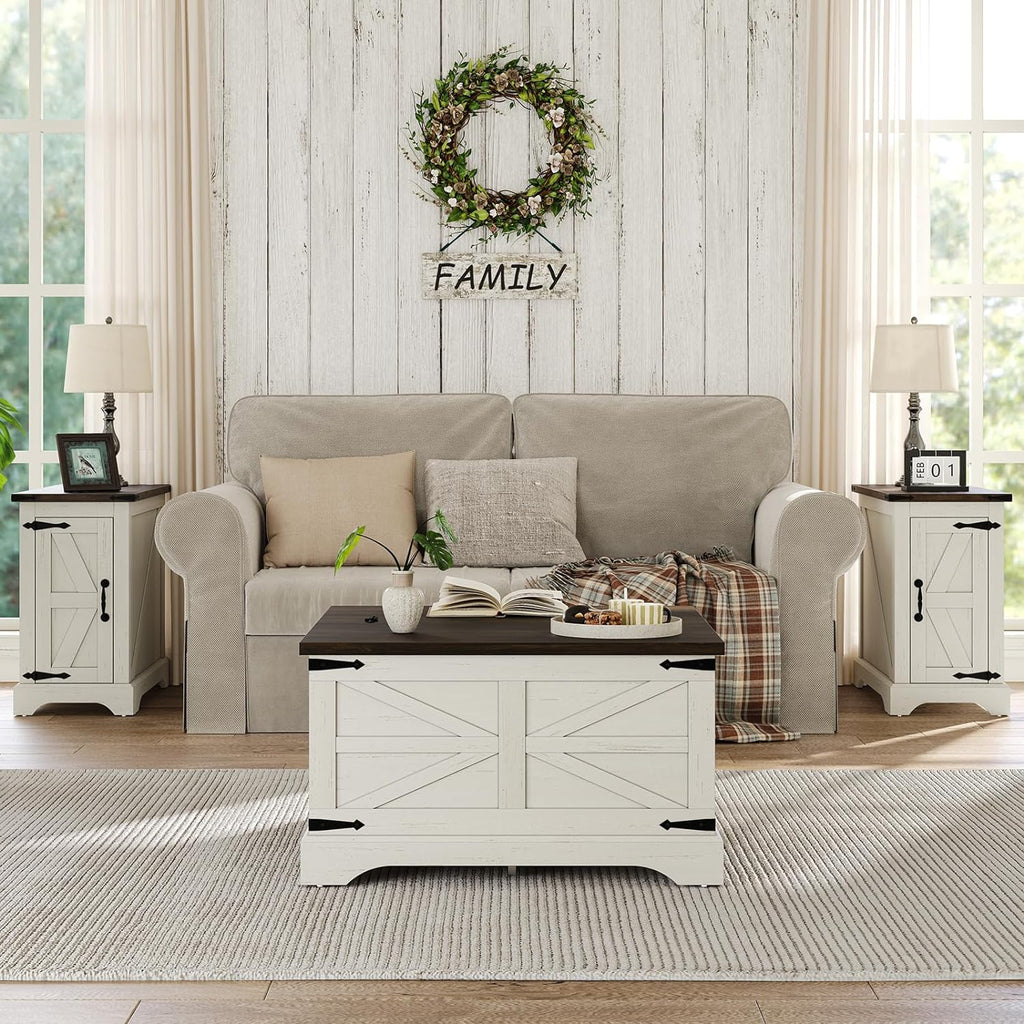 Farmhouse Lift Top Coffee Table, Square Wood Center Table with Large Hidden Storage Compartment for Living Room, Rustic Cocktail White Modern Table with Hinged Lift Top, Brown Top - Grand Goldman