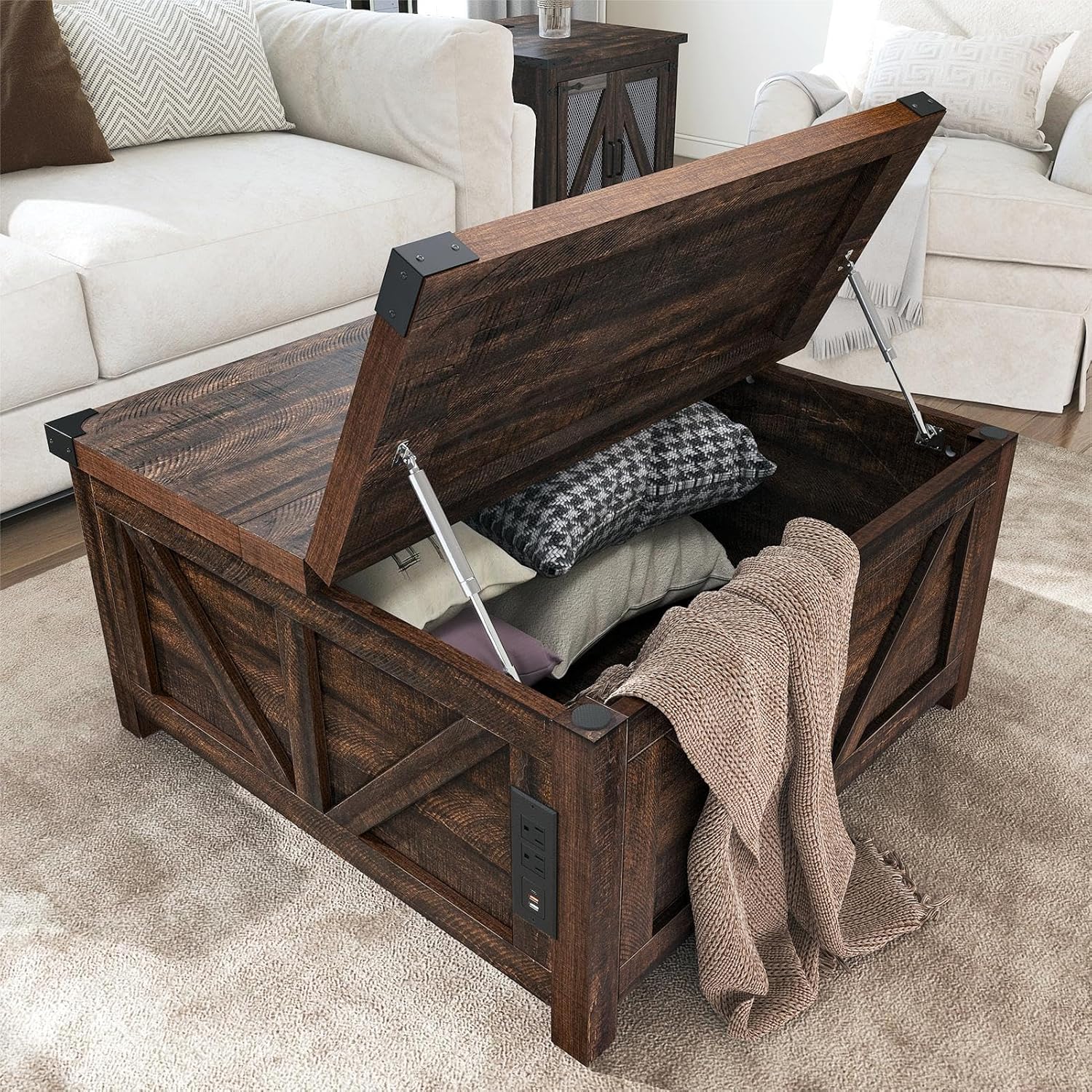 Farmhouse Lift Top Coffee Table with Storage, Wood Square Center Table with Charging Station&USB Ports, Living Room Central Table w/Large Hidden Space, for Living Room, Bedroom, Home Office - Grand Goldman