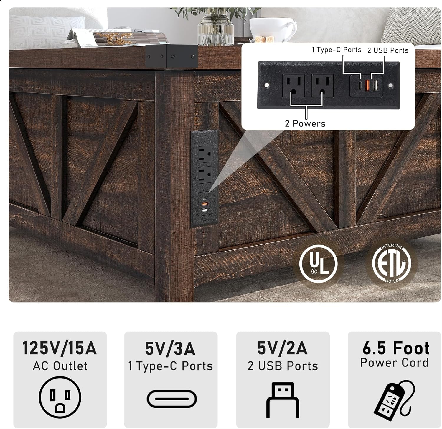 Farmhouse Lift Top Coffee Table with Storage, Wood Square Center Table with Charging Station&USB Ports, Living Room Central Table w/Large Hidden Space, for Living Room, Bedroom, Home Office - Grand Goldman