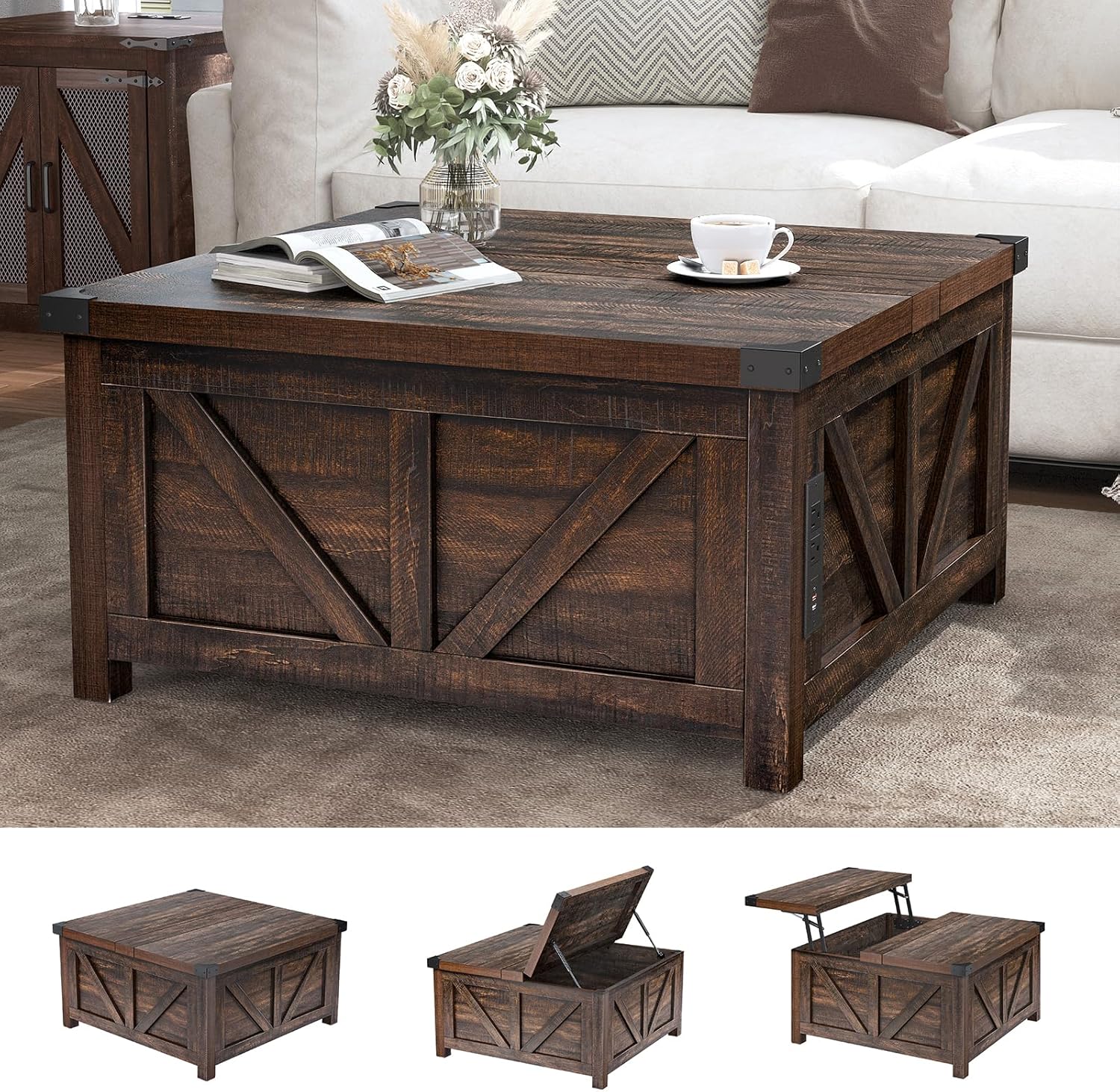 Farmhouse Lift Top Coffee Table with Storage, Wood Square Center Table with Charging Station&USB Ports, Living Room Central Table w/Large Hidden Space, for Living Room, Bedroom, Home Office - Grand Goldman