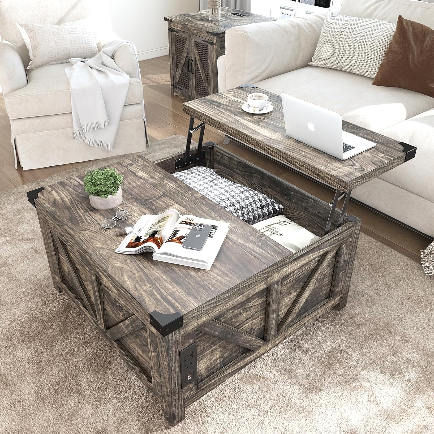 Farmhouse Lift Top Coffee Table with Storage, Wood Square Center Table with Charging Station&USB Ports, Living Room Central Table w/Large Hidden Space, for Living Room, Bedroom, Home Office - Grand Goldman