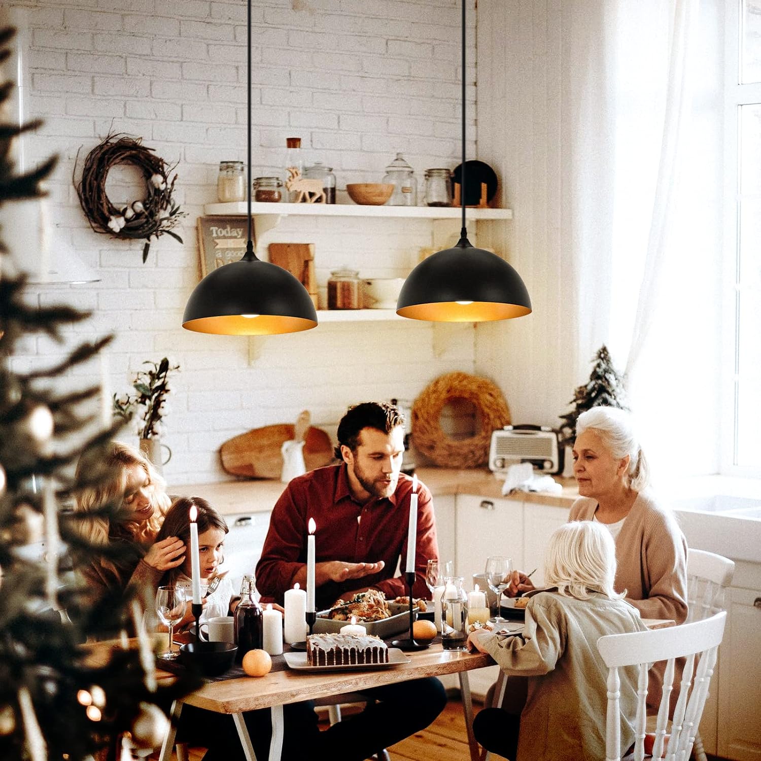 Farmhouse Pendant Lighting for Kitchen Island,Black and Gold Dome Pendant Light Fixtures, Industrial Hanging Ceiling Light for Dining Room Foyer Cafe Kitchen Sink,2 Pack - Grand Goldman