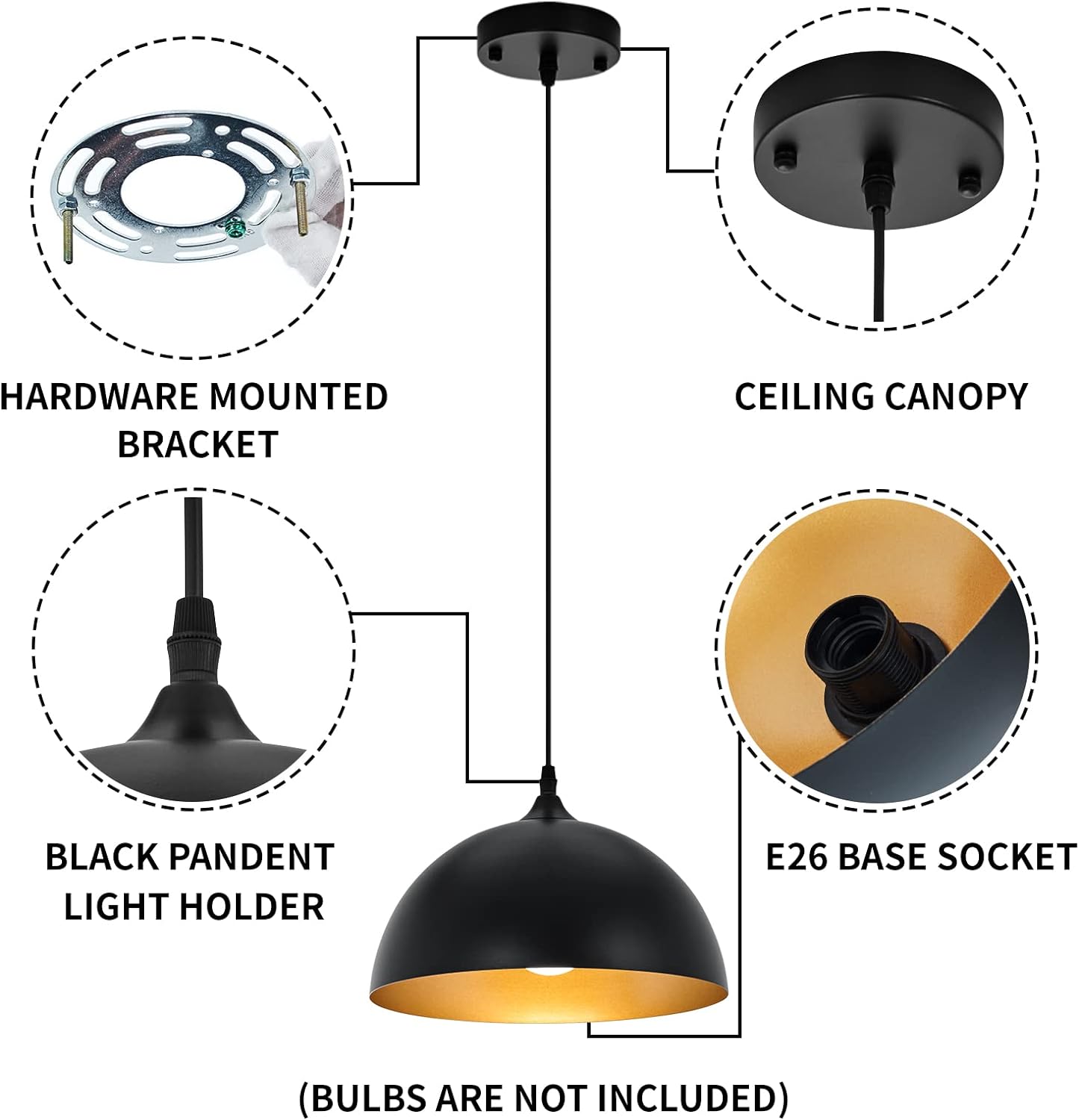 Farmhouse Pendant Lighting for Kitchen Island,Black and Gold Dome Pendant Light Fixtures, Industrial Hanging Ceiling Light for Dining Room Foyer Cafe Kitchen Sink,2 Pack - Grand Goldman