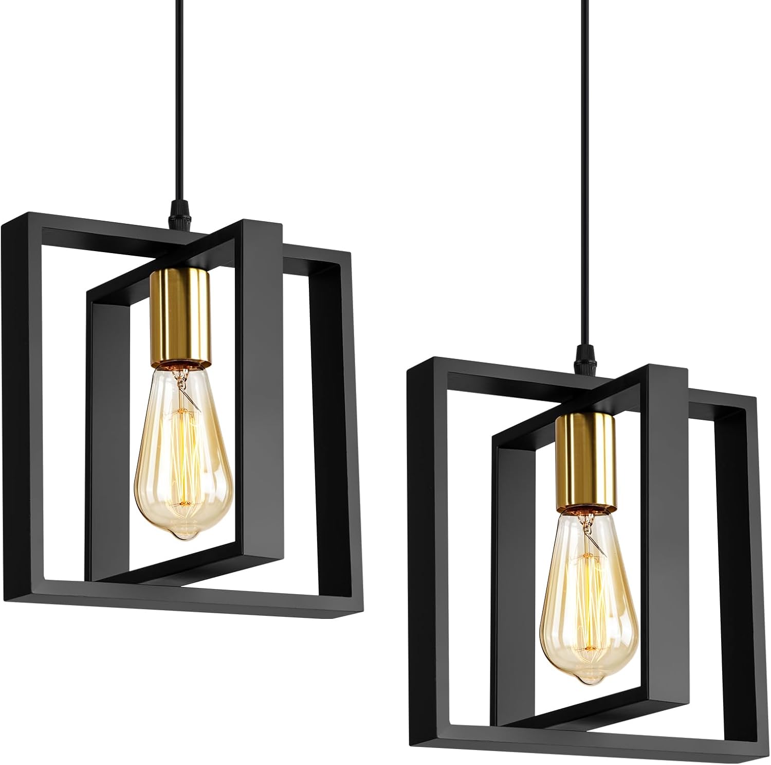 Farmhouse Small Pendant Light Fixture,Kitchen Island Hanging Lamp with Cord, Black+Gold Finish, Wood Frame Chandelier for Hallway Entryway Closet Bedroom,9.5 Inch,E26. - Grand Goldman
