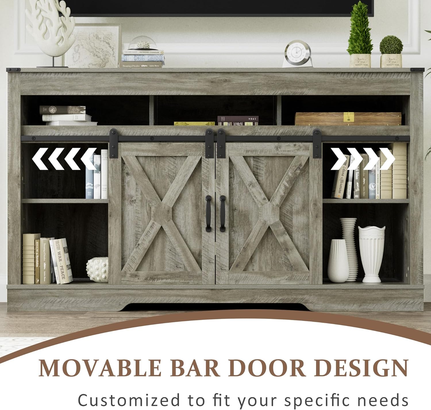 Farmhouse TV Stand for 65+ Inch TV, 34'' Tall Entertainment Center with Sliding Barn Doors, Rustic Wood Media Console Storage Cabinet Television Stand for Living Room, Bedroom Light Grey - Grand Goldman