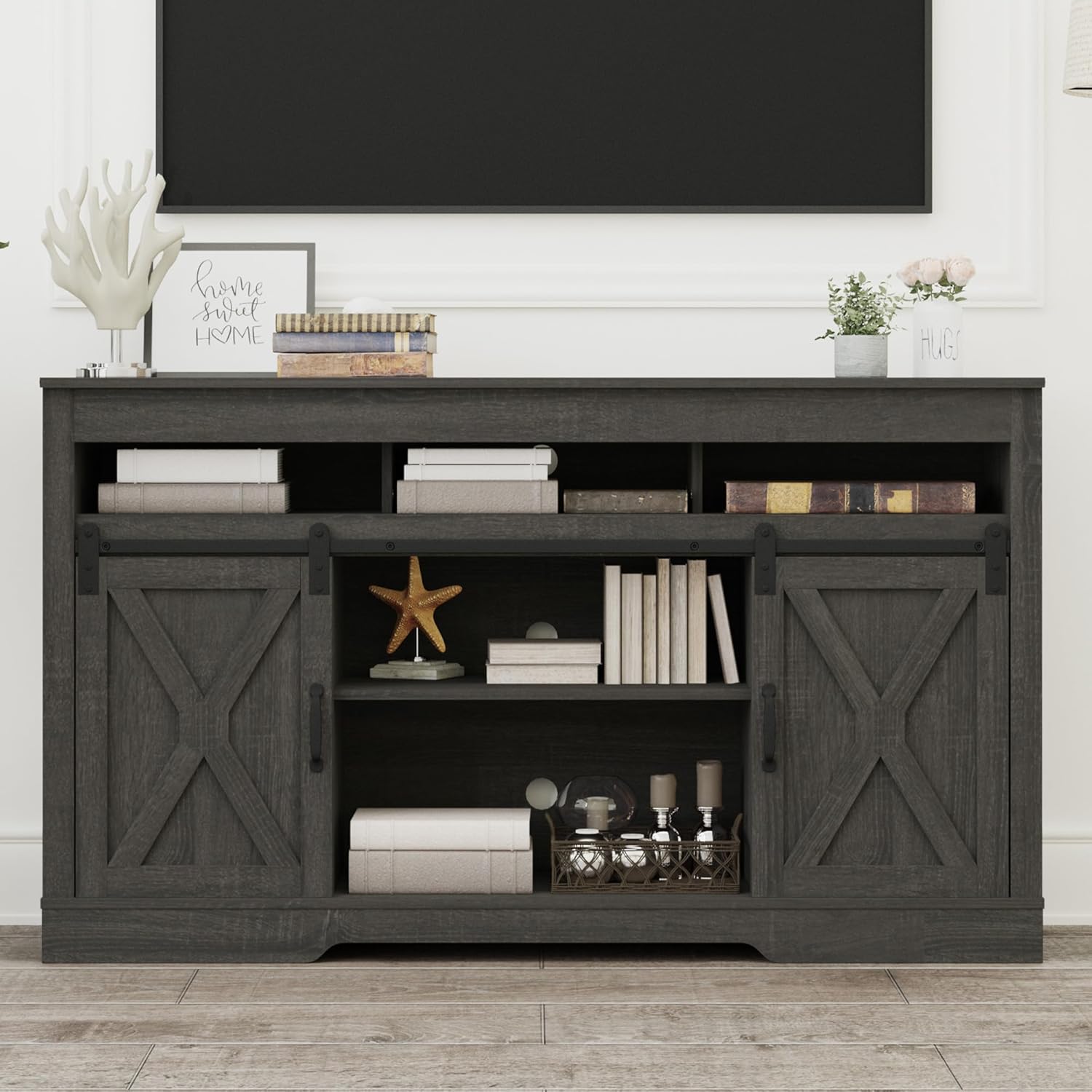 Farmhouse TV Stand for 65+ Inch TV, 34'' Tall Entertainment Center with Sliding Barn Doors, Rustic Wood Media Console Storage Cabinet Television Stand for Living Room, Bedroom Light Grey - Grand Goldman