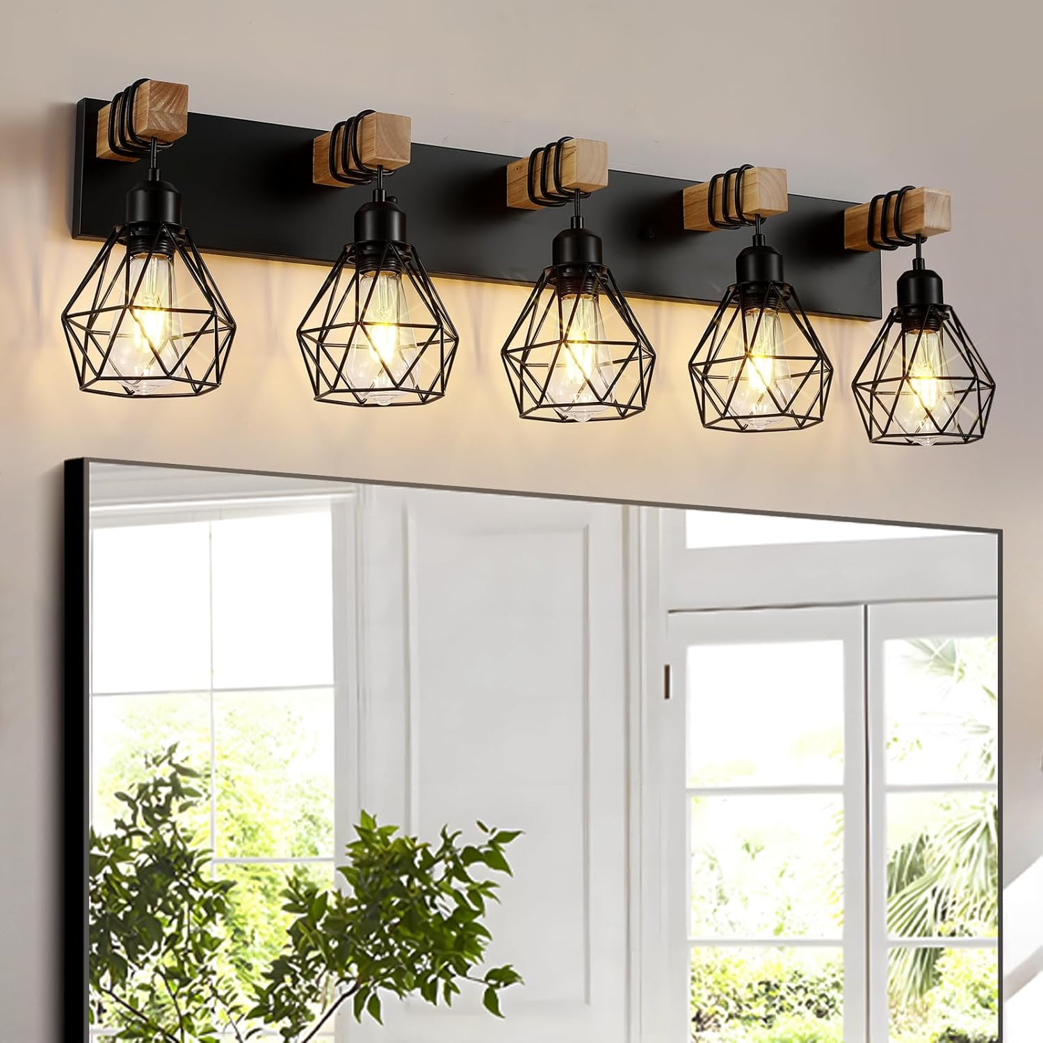 Farmhouse Vanity Light for Bathroom, 3-Light Wood Bathroom Vanity Light Fixtures Over Mirror, Rustic Sconces Wall Lighting with Metal Lampshade for Living Room, Bedroom, Hallway - Grand Goldman