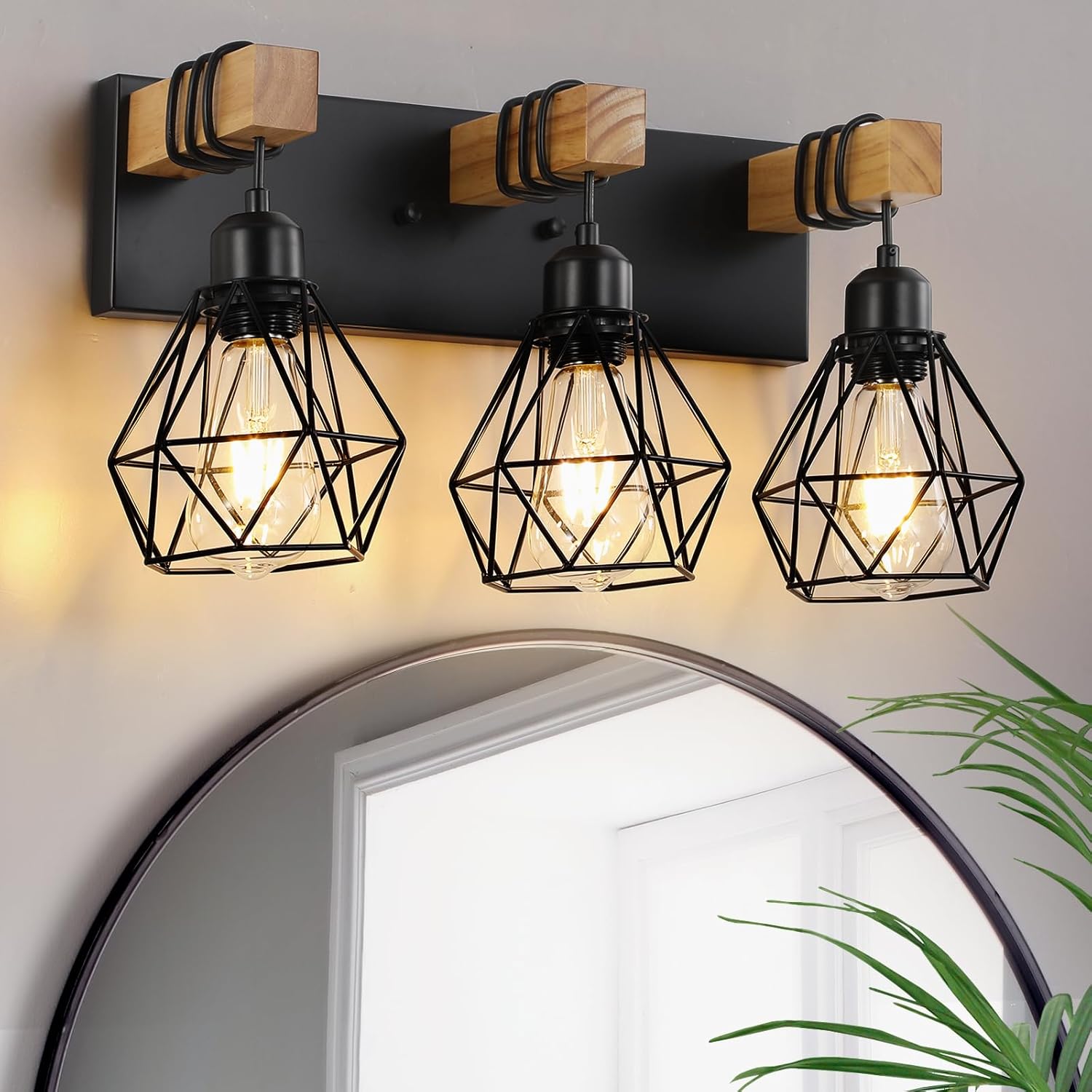 Farmhouse Vanity Light for Bathroom, 3-Light Wood Bathroom Vanity Light Fixtures Over Mirror, Rustic Sconces Wall Lighting with Metal Lampshade for Living Room, Bedroom, Hallway - Grand Goldman