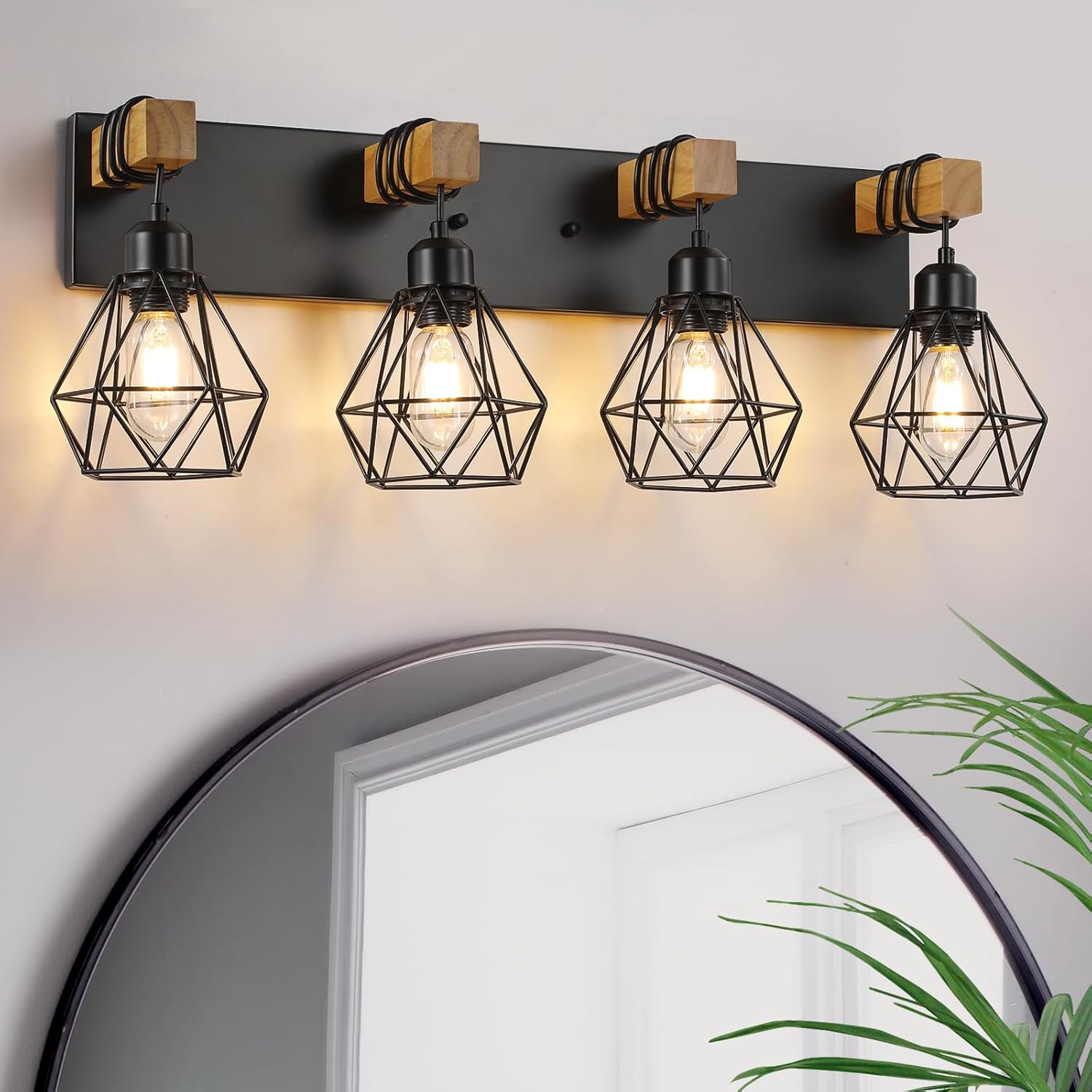 Farmhouse Vanity Light for Bathroom, 3-Light Wood Bathroom Vanity Light Fixtures Over Mirror, Rustic Sconces Wall Lighting with Metal Lampshade for Living Room, Bedroom, Hallway - Grand Goldman