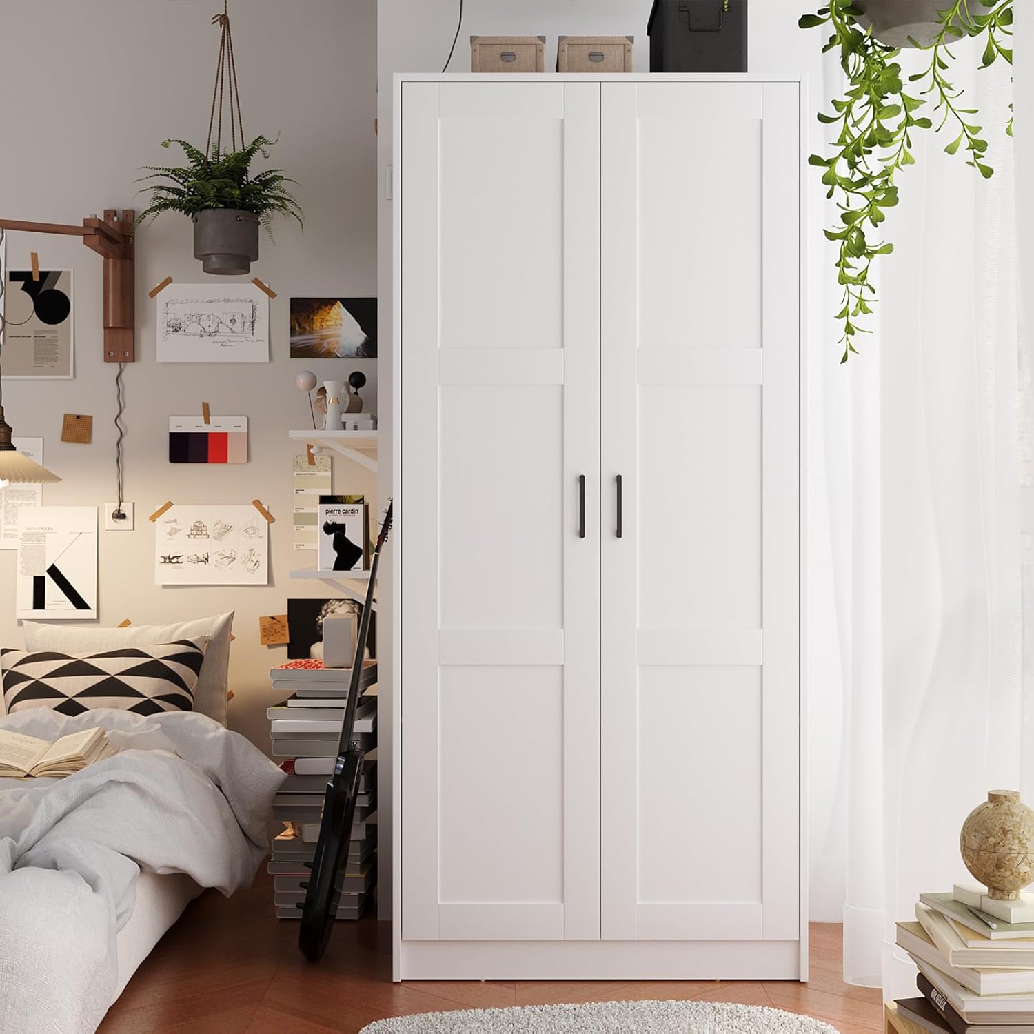 Fddevelop Wood White Wardrobe Closet with 2 Doors，Bedroom Freestanding Armoire Storage Cabinet with Shelves，Wooden Wardrobe Combination for Hanging Clothes (White) - Grand Goldman